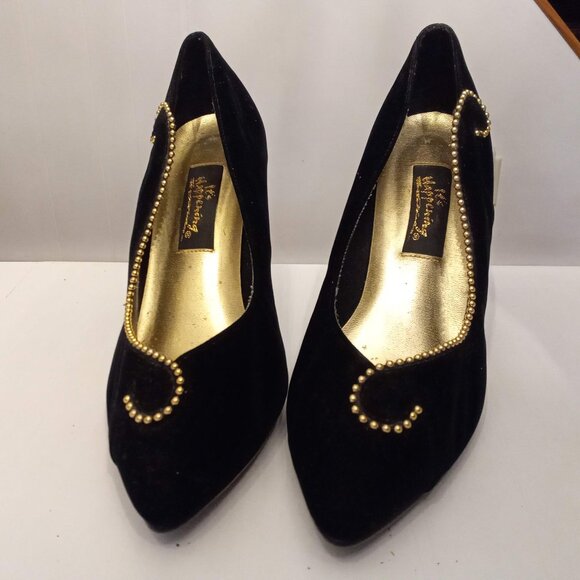 It's Happening Black Velvet Stilettos size 8.5 Gold Beaded Trim High Heels Shoes - Picture 6 of 7